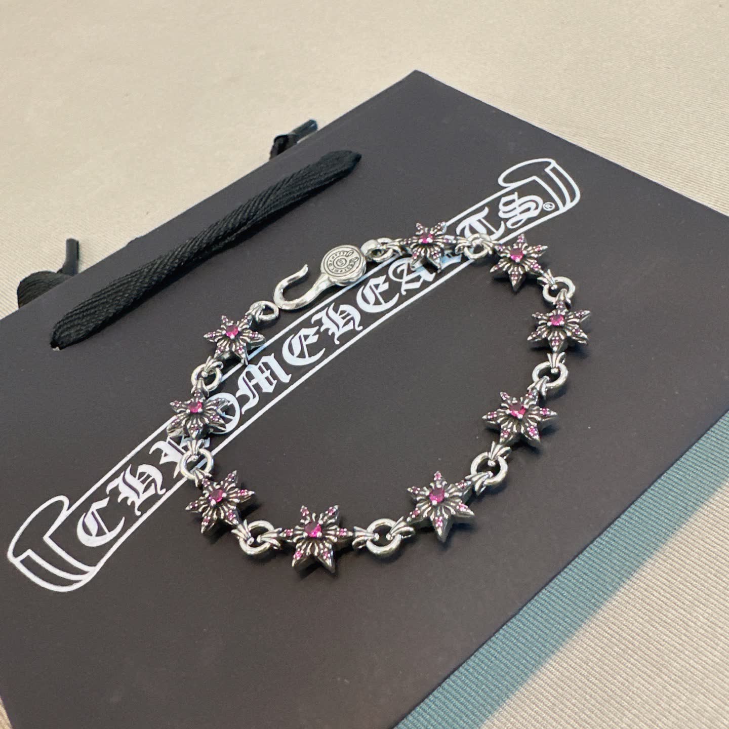 Chrome Hearts Silver Bracelet with Red Stones